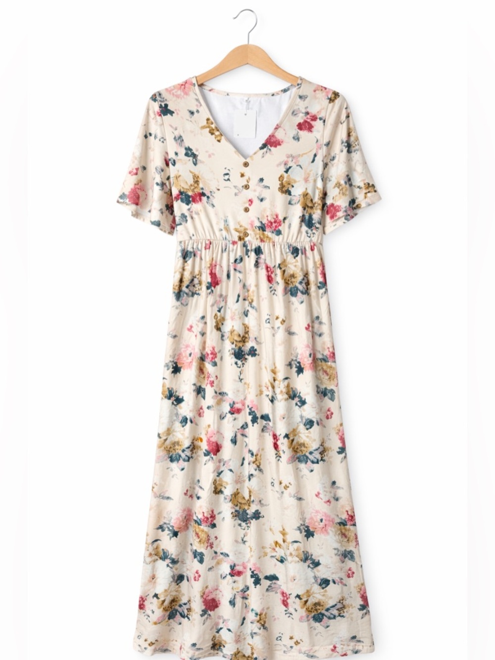 Floral V-Neck Maxi Dress in Cream with Pink & Blue Accents Small NWT Boutique